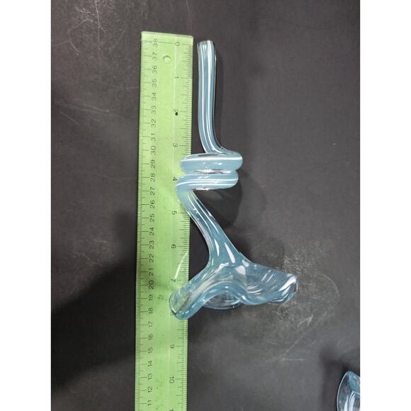 Art Glass Flower Set Of 2, Blue White Flecks, Curled Stem Decor, Glass Flower - Picture 7 of 8